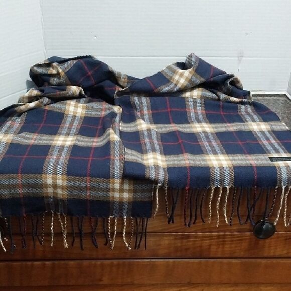 Unisex Plaid Cashmere Scarf - Navy and Brown - Picture 1 of 5